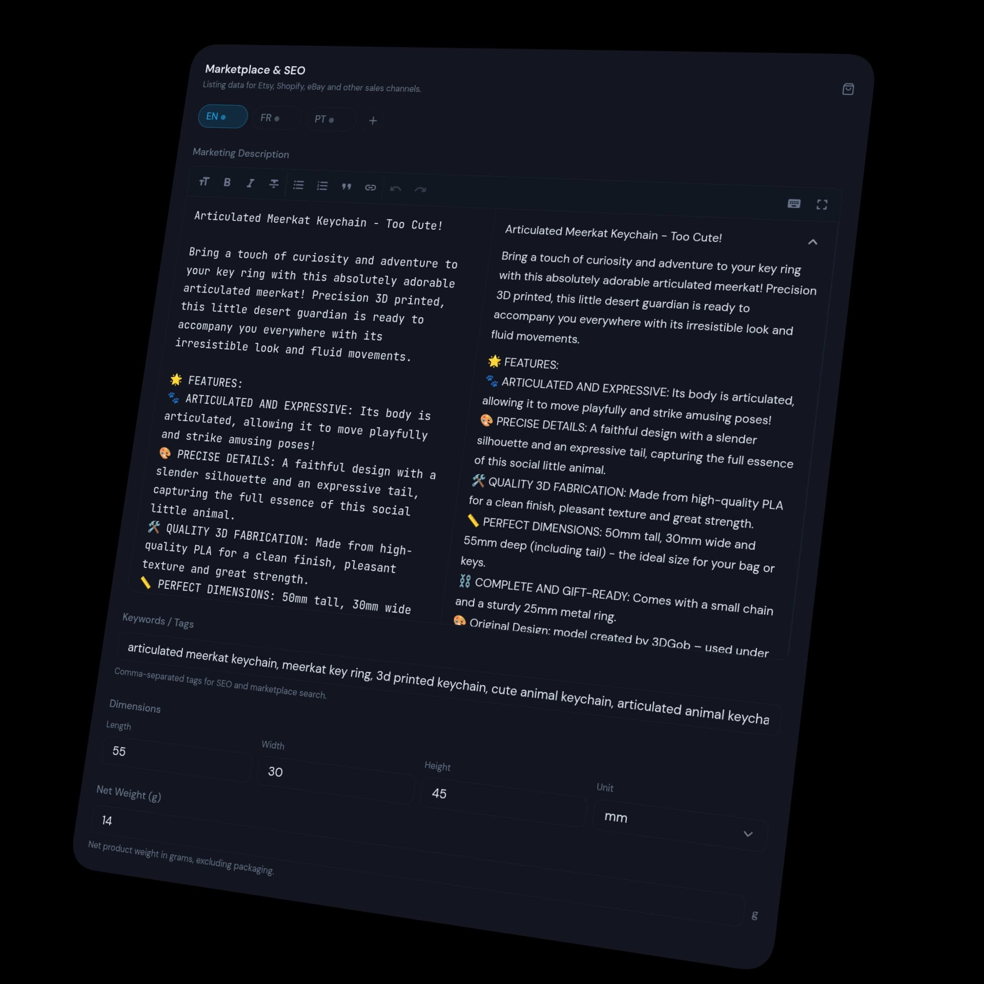 Mockup: Marketplace card — SEO + descriptions per language